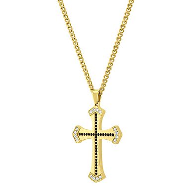 Steel Nation Men's Gold Tone Stainless Steel Cubic Zirconia Religious Cross Pendant Necklace