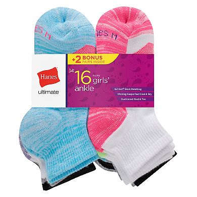 Girls 4-16 Hanes® 14+2-Bonus Pack Ultimate Cool Comfort Ankle Socks