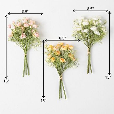 Sullivan's Artificial 15" Bleached Ranunculus Bush Bouquets 3-Piece Set