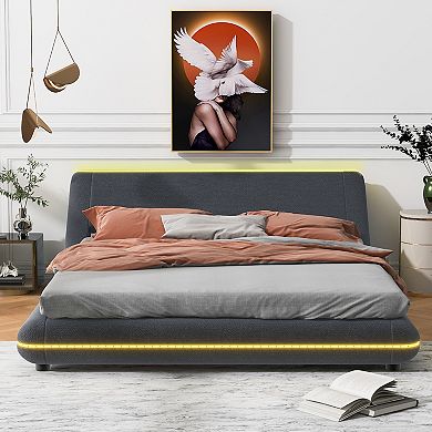 Merax Upholstery Platform Bed Frame With Sloped Headboard