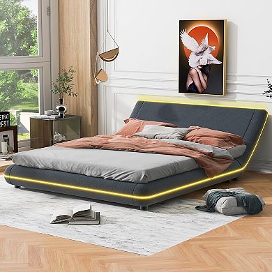 Merax Upholstery Platform Bed Frame With Sloped Headboard
