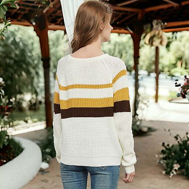 Women's Long Sleeve Color Block Striped Casual Pullover Sweater