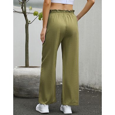 Womens Cotton Linen Pants High Waisted Wide Leg Drawstring Casual Loose Trousers With Pockets