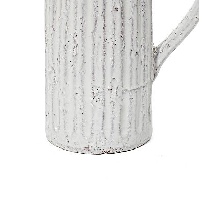 LuxenHome Vintage White Ribbed Terracotta Pitcher Vase With Handle