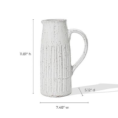LuxenHome Vintage White Ribbed Terracotta Pitcher Vase With Handle