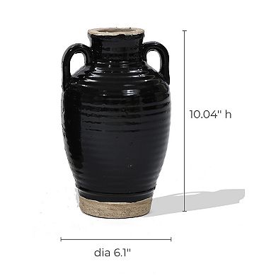 LuxenHome Black Jug 10-inch Tall Terracotta Vase With Two Handles