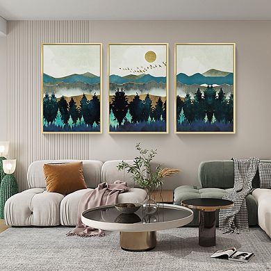Full House 3 Panels Framed Canvas Wall Artoil Navy Forest Sun Rise Mountain Canvas Paintings Décor
