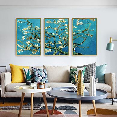 Full House 3 Panels Framed Canvas Wall Artoil Painting Apricot Blossoms On Branch For Bedroom Office