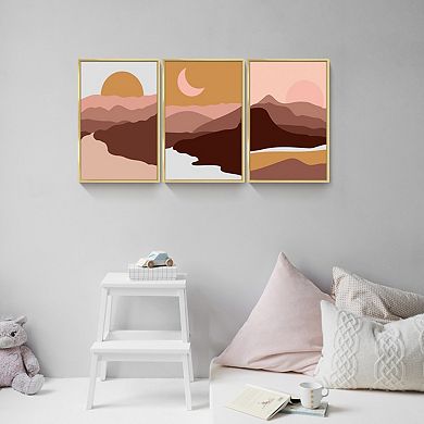 Full House 3 Panels Framed Canvas Wall Artoil Sun And Moon Scene Boho Abstract Art Paintings Décor