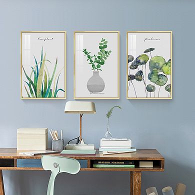 Full House 3 Panels Framed Canvas Wall Artoil Green Leaves Botanical Paintings For Bedroom Office