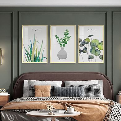 Full House 3 Panels Framed Canvas Wall Artoil Green Leaves Botanical Paintings For Bedroom Office