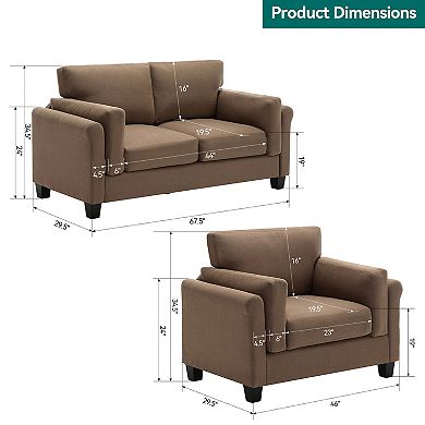 Morden Fort Living Room Sofa Set, Small Comfy 2pcs Loveseat+chair Set For Apartment