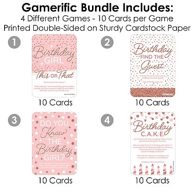 Big Dot Of Happiness Pink Rose Gold Birthday - 4 Party Games 10 Cards Each - Gamerific Bundle
