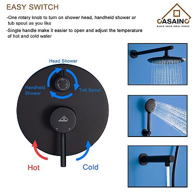 Casainc 9.5inch Round Wall-mounted Shower Faucet System With 3 Function