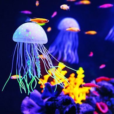 Aquarium Jellyfish Glow Decor Fish Tank Fluorescent Jellyfish Ornaments 2.3"x5.9" With Suction Cup
