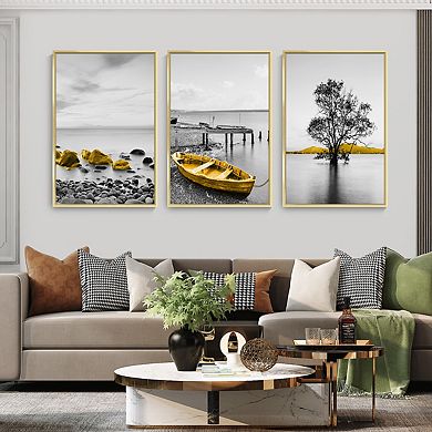 Full House 3 Panels Framed Canvas Wall Artoil Paintings Nordic Golden Boat Stone For Bedroom Office