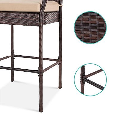 Set Of 2 Indoor/outdoor Wicker Bar Stools W/ 2 Cushions