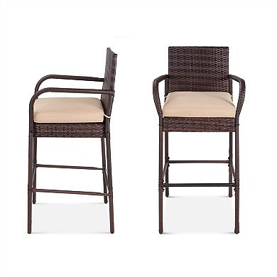 Set Of 2 Indoor/outdoor Wicker Bar Stools W/ 2 Cushions