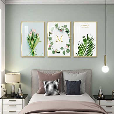 Full House 3 Panels Framed Canvas Wall Artoil Nordic Green Leaves Pink Flower Paintings For Décor