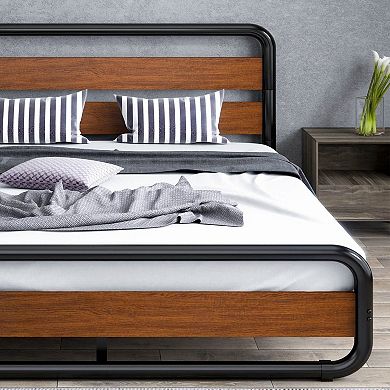 Queen Heavy Duty Modern Industrial Metal Wood Platform Bed Frame With Headboard