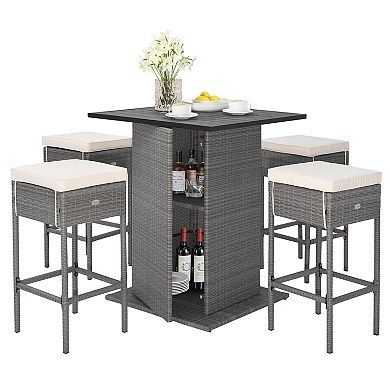 5 Pieces Outdoor Wicker Bar Table Set With Hidden Storage Shelves-White