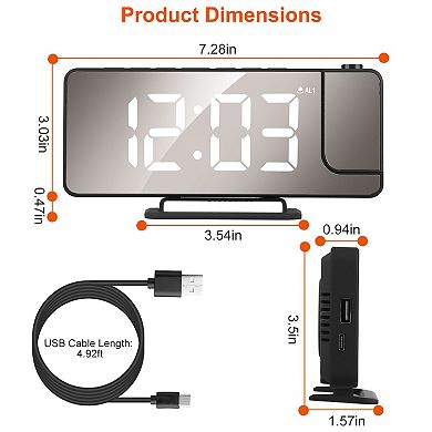 Projection Alarm Clock - 7.7in Mirror - Led Digital Alarm Clock With Dual Alarms, Snooze Function