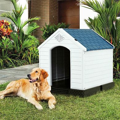 Medium Size Dog House Outdoor White Blue Plastic With Elevated Floor