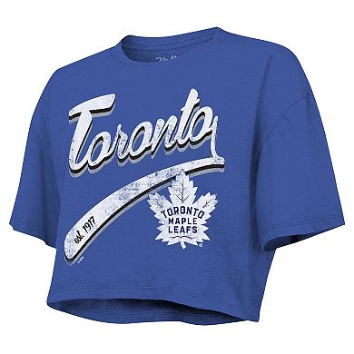 Women's Majestic Threads Auston Matthews Royal Toronto Maple Leafs Behind The Net Boxy Name & Number Cropped T-Shirt