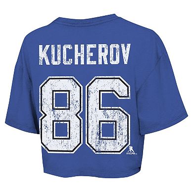 Women's Majestic Threads Nikita Kucherov Royal Tampa Bay Lightning Behind The Net Boxy Name & Number Cropped T-Shirt