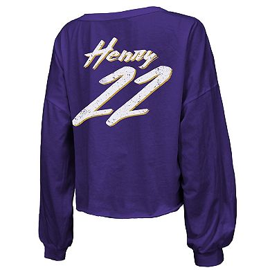 Women's Majestic Threads Derrick Henry Purple Baltimore Ravens Name & Number Off-Shoulder Script Cropped Long Sleeve V-Neck T-Shirt