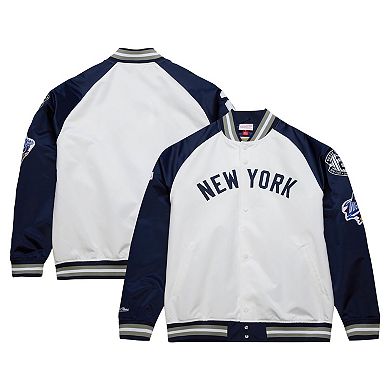 Men's Mitchell & Ness Derek JeterÂ White/Navy New York Yankees Cooperstown Collection Legends Lightweight Satin Raglan Full-Snap Jacket