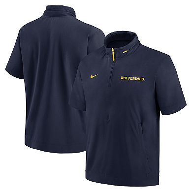 Men's Nike Navy Michigan Wolverines 2024 Sideline Coach Short Sleeve Half-Zip Hoodie Jacket