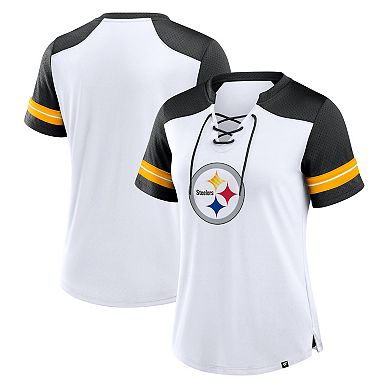 Women's Fanatics White/Black Pittsburgh Steelers Foiled Primary Lace-Up T-Shirt