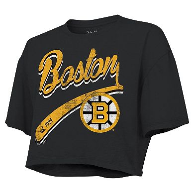 Women's Majestic Threads David Pastrnak Black Boston Bruins Behind The Net Boxy Name & Number Cropped T-Shirt