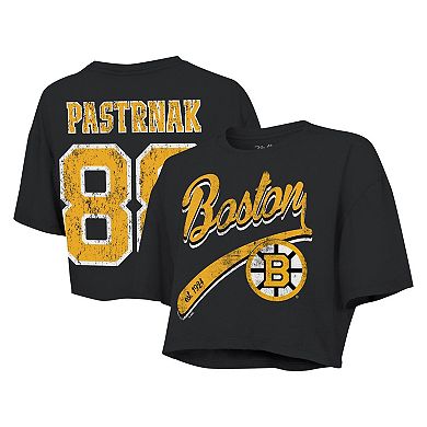 Women's Majestic Threads David Pastrnak Black Boston Bruins Behind The Net Boxy Name & Number Cropped T-Shirt