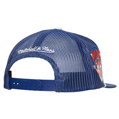 Men's Mitchell & Ness Blue New York Knicks Roper Meshback Trucker Snapback Hat