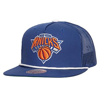 Men's Mitchell & Ness Blue New York Knicks Roper Meshback Trucker Snapback Hat