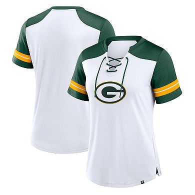 Women's Fanatics White/Green Green Bay Packers Foiled Primary Lace-Up T-Shirt