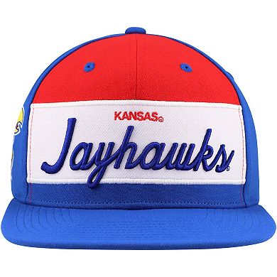 Men's Mitchell & Ness White/Royal Kansas Jayhawks Retro Sport Color Block Script Snapback Hat