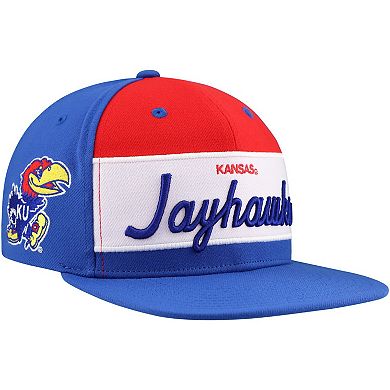 Men's Mitchell & Ness White/Royal Kansas Jayhawks Retro Sport Color Block Script Snapback Hat