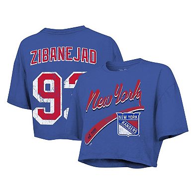 Women's Majestic Threads Mika Zibanejad Royal New York Rangers Behind The Net Boxy Name & Number Cropped T-Shirt