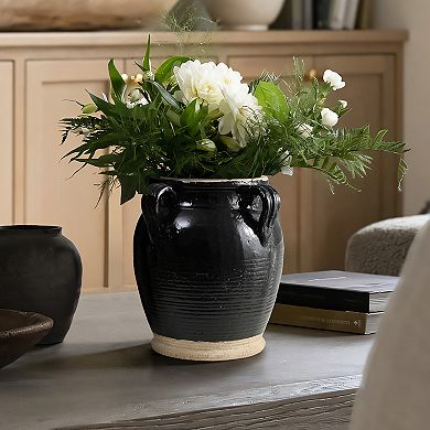 LuxenHome Black Jug Round Terracotta Vase With Two Handles