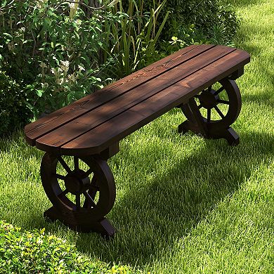 Patio Rustic Wood Bench With Wagon Wheel Base