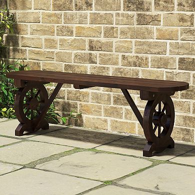 Patio Rustic Wood Bench With Wagon Wheel Base