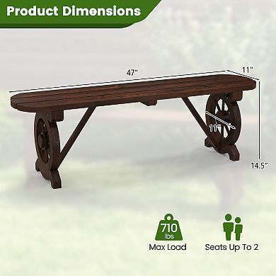 Patio Rustic Wood Bench With Wagon Wheel Base