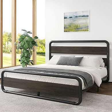 Queen Heavy Duty Round Metal Frame Platform Bed With Black Wood Panel Headboard