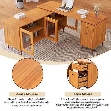 Modern L-shaped Executive Desk With Delicate Tempered Glass Cabinet Storage