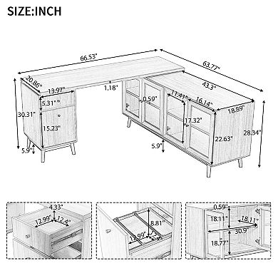 Modern L-shaped Executive Desk With Delicate Tempered Glass Cabinet Storage