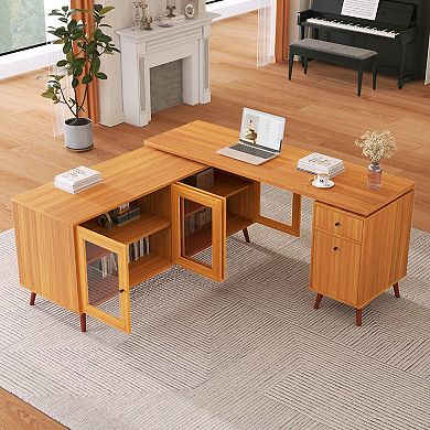 Modern L-shaped Executive Desk With Delicate Tempered Glass Cabinet Storage