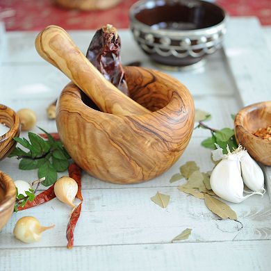 Olive Wood Round Pestle And Mortar